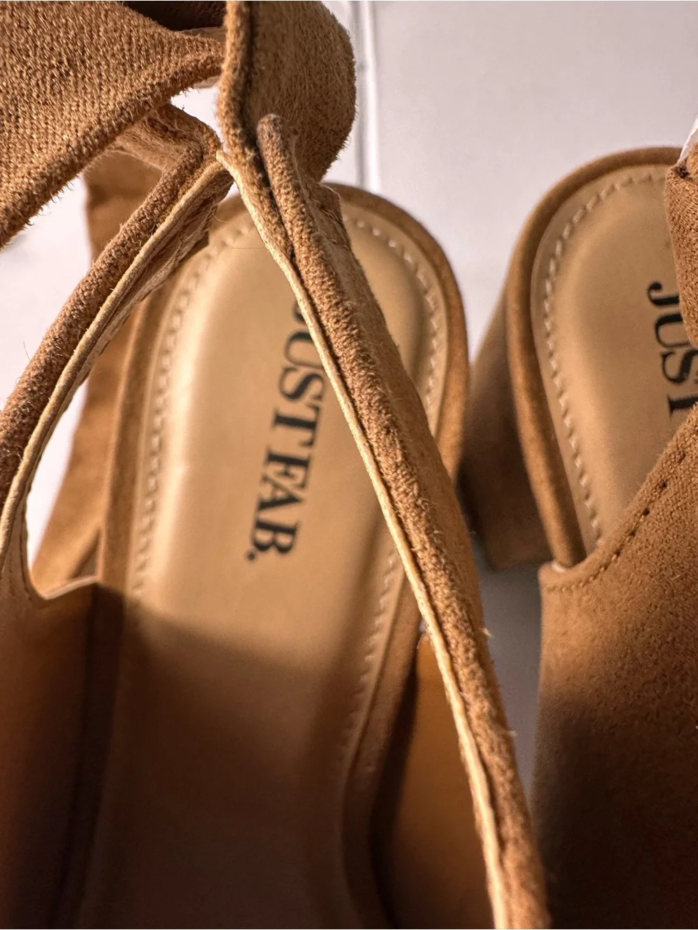 JustFab Tan Suede Peep-Toe Ankle Tie Mules - Picture 2 of 12